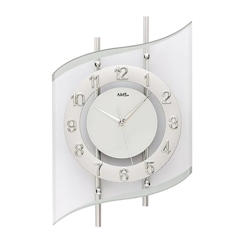 AMS. Funk-Wanduhr 5506, modern, Silber, geschwungenes Mineralglas, Metallgehäuse, für Wohnzimmer, Schlafzimmer