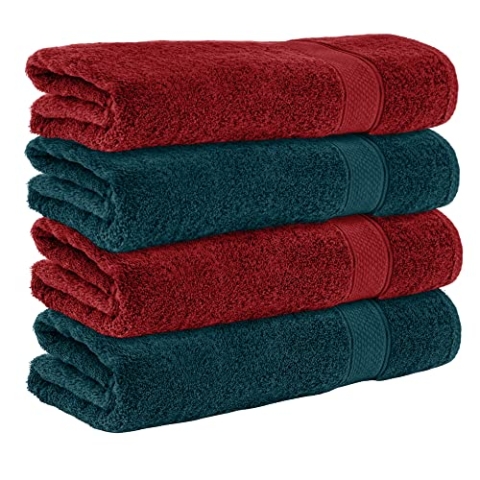 Komfortec 4er Duschtücher 70x140 cm Set aus 100% Baumwolle, 470g/m², Frottee, Weich, Petrol/Aurorarot
