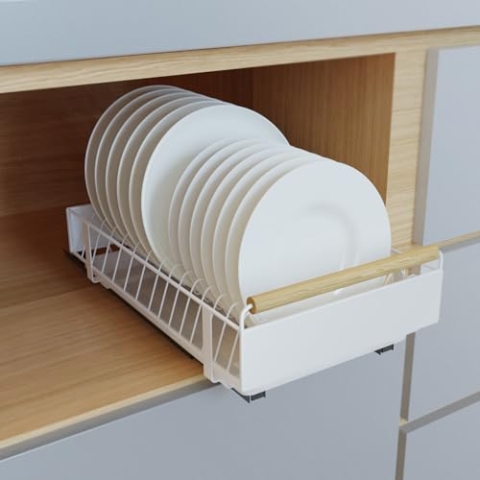 QHENS Teller Organizer Schublade, Tellerhalter Schublade Teller Organizer, Teller Organizer Schrank Selbstklebender Ohne Bohren, mit Abnehmbarer Abtropfschale, 41x25x13cm
