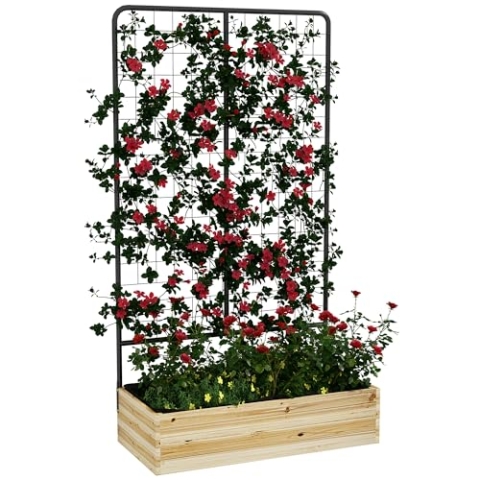 Outsunny Hochbeet mit Rankhilfe, Pflanzkasten aus Holz, Kräuterbeet, Blumenkasten für Garten, Balkon, Naturholz, 80 x 38 x 145 cm