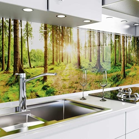 danario Küchenrückwand selbstklebend - Matt - Spritzschutz Küche - versteifte PET Folie - 0,37 mm - Sonnenstrahlen im Wald - 60cm x 400cm