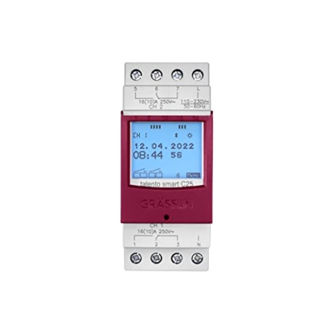 Grässlin 43.03.0002.1 talento smart C25 - Digitale Astro-Schaltuhr mit Bluetooth, App-Programmierung, Wochenprogramm und Gangreserve I 2-Kanal I 2TE I 500 Speicherplätze I Montage auf DIN-Schiene
