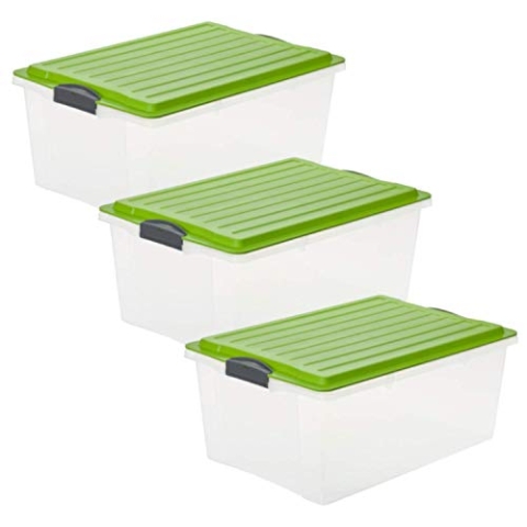 Rotho Compact 3er-Set Aufbewahrungsbox 38l mit Deckel, Kunststoff (PP) BPA-frei, transparent/grün, 3 x A3/38l (57.0 x 40.0 x 25.0 cm)