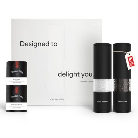 LARS NYSØM Gewürzmühlen & Gewürze Geschenkset - Salz und Pfeffermühlen Set mit 2 hochwertigen Gewürzdosen (Salz, Pfeffer) - Durch schöne Geschenkbox eine tolle Geschenk Idee (Carbon Black)