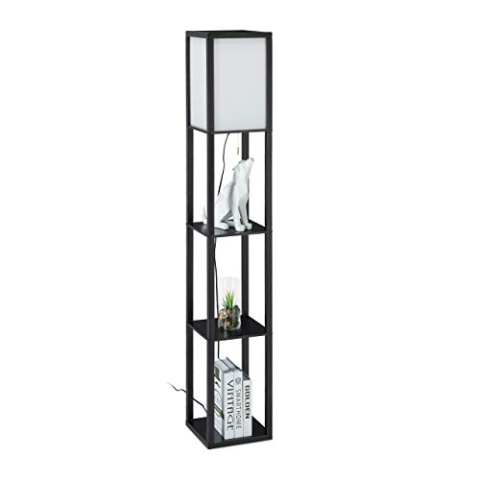Relaxdays Stehlampe mit Regal, HBT: 161 x 26 x 26 cm, E27-Fassung, Holz & Acryl, modernes Design, Stehleuchte, schwarz