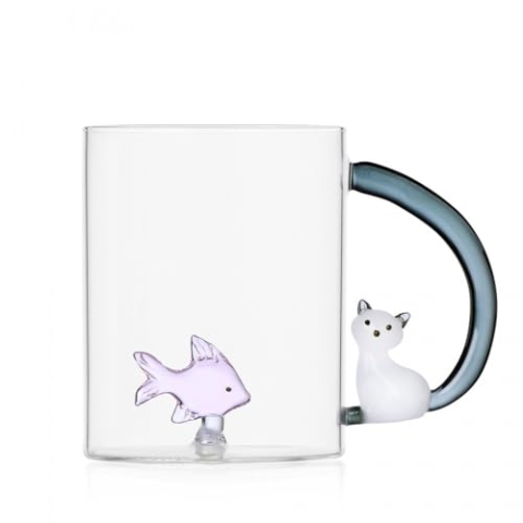 Ichendorf Milano Becher, Rosa Fisch und Weiße Katze, Kollektion Tabby Cat, 40 cl, Borosilikatglas, Handgefertigt