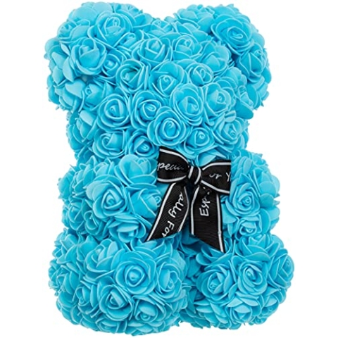 Brandsseller Rosenbär aus Kunstrosen 35x26 cm – handgefertigter Teddybär aus Seidenblumen als Romantisches Geschenk zu Geburtstag, Valentinstag oder Muttertag – auch mit Geschenkbox – Blau