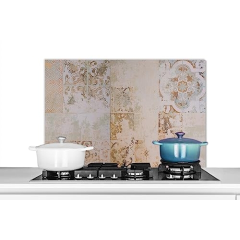 KitchenYeah© Küchenrückwand Platte Spritzschutz Küche Deko Aluminium Platte Wandschutz Küchen Zubehör WandverkleidungFliesen - Vintage - Braun - Antik - 90x60 cm