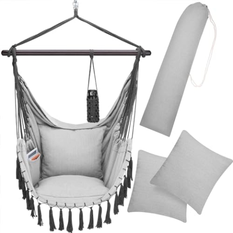 DETEX® Hängesessel bis 150kg Belastbar mit Flaschenhalter Boho Stil Wetterfest Garten 360° Drehbar Grau Hängestuhl Indoor & Outdoor Kissen