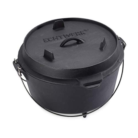 Echtwerk EW-GE-1225 Dutch Oven BBQ Kochtopf ca. 8 L, Bereits eingebrannt - preseasoned, Deckel mit Edelstahl Henkel als Pfanne nutzbar, Grilltopf für Indoor und Outdoor, Big-Edition, Gusseisen