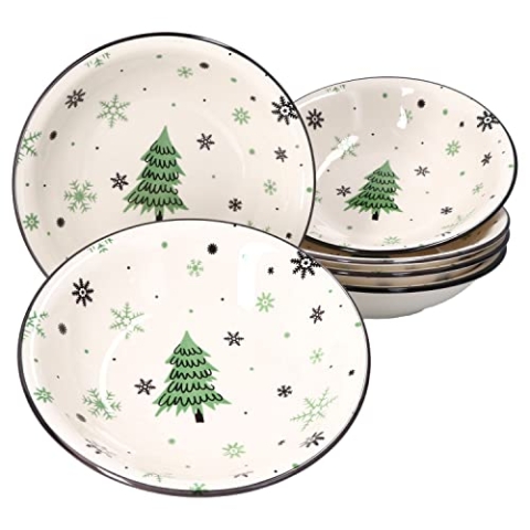 MamboCat Weihnachtsbaum 6er Set Suppenteller I 450ml I 6 Personen I Ø 22 cm I große Soup-Bowl für Weihnachten I Mit Tannenbaum & Schneeflocken I Pastateller, Spaghetti-Teller, Salat-Schüssel Steingut