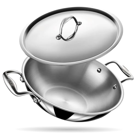 Stahl Edelstahl Triply Wok mit Deckel | Edelstahl-Kochgeschirr Triply Wok | Gas- & Induktionsboden | Ø 30 cm | 5.1 L (für 9-10 Personen).