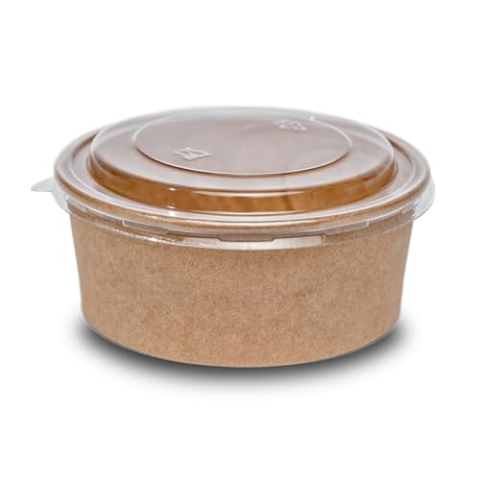 Commerline 750ml Bio Salatschale Salatschalen | 150 Stk. Salat Schale Schalen Bowl Einweg mit Deckel | Kartonschale Salatbox Kraft Einwegschalen (Bio_salatschale_750ml, 150 Stück)