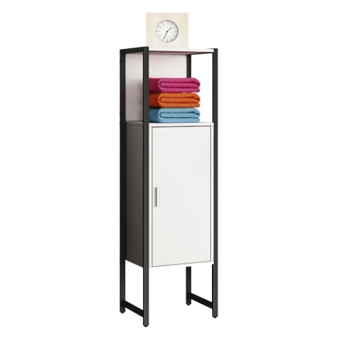 VCM Holz/Metall Badmöbel | Midischrank | Maße: H. 114 x B. 33 x T. 30 cm | Badregal | 1 Drehtür | 1 offenes Fach - Edino Weiß
