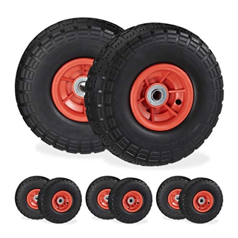 Relaxdays 8 x Sackkarrenrad, pannensichere PU-Vollgummireifen, 4.1/3.5-4", für 16 mm Achse, bis 150 kg, 260x85 mm, schwarz-rot