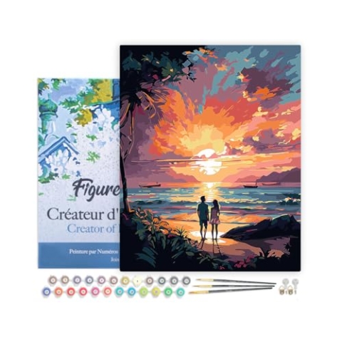 Figured'Art Malen Nach Zahlen Erwachsene Mit Rahmen Pärchen und bunter Sonnenuntergang - Paint by Numbers Basteln DIY Bastelset 40x50cm - Leinwand gespannt auf Holzrahmen