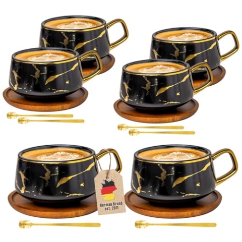 INTIRILIFE Tassen Set 6er – Keramiktassen im Marmor Design Schwarz mit Gold – 200 ml bis 300 ml – Kaffeetassen mit Holzuntersetzer– Teetassen Geschenkidee für Kaffee Tee Kakao Milch-Trinkbecher