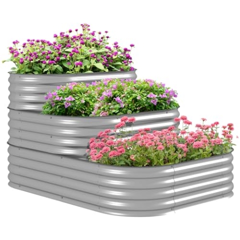 Outsunny Hochbeet aus Metall, 3-stufiger Pflanzkasten, DIY Blumenkasten, Kräuterbeet mit Sicherheitskanten, Gemüsebeet für Garten, Balkon, Silber, 158 x 109 x 82 cm