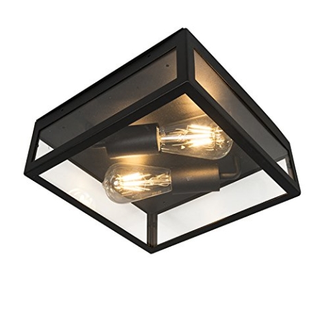 Qazqa - Modern Industrie I Vintage I Outdoor-Außen Deckenleuchte I Deckenlampe I Lampe I Leuchte schwarz 2-flammig - Rotterdam I Außenbeleuchtung - Edelstahl Quadratisch - LED geeignet E27