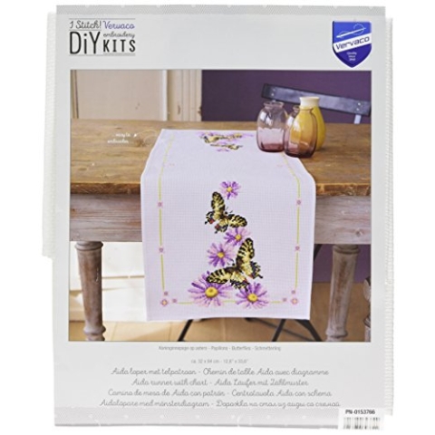 VERVACO Stickpackung Tischläufer Zählmusterpackung Kreuzstich Schmetterling Stickläufer zum Selbersticken Stickset Weihnachten Kreativ Set für Erwachsene 32 x 84 cm Kreatives Geschenk