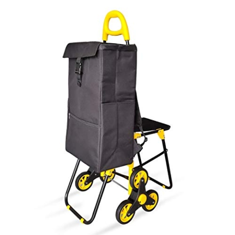 VOUNOT Einkaufstrolley Treppensteiger mit Kühlfach und Klappsitz, Einkaufswagen Klappbar mit 3 Räder, 40 L