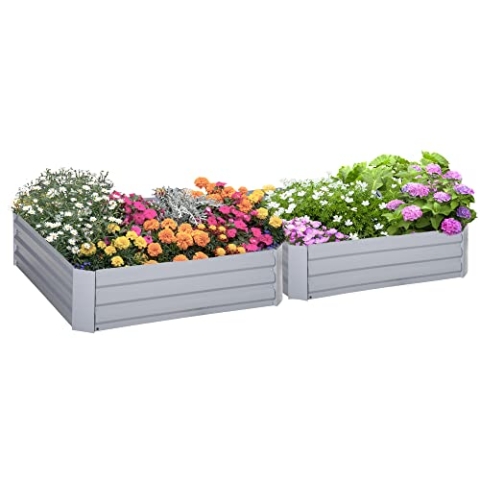Outsunny Hochbeet Set, 2-TLG. Gartenbeet, Pflanzkasten, Blumenkasten, Pflanzkübel, Blumenkübel für Garten, Terrasse, Verzinkter Stahl, Grau, 100 x 100 x 30 cm