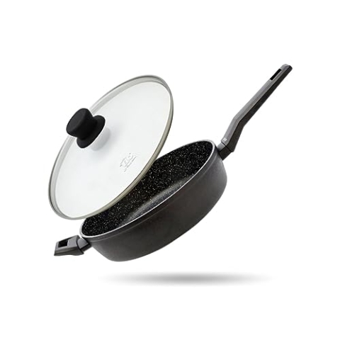 ELO 9906650 Pfanne und Deckel Set Granit Solution, Kochpfanne, geeignet für alle Herdarten Aluminium, Keramik, Kunststoff, Schwarz, Glas, 28 cm