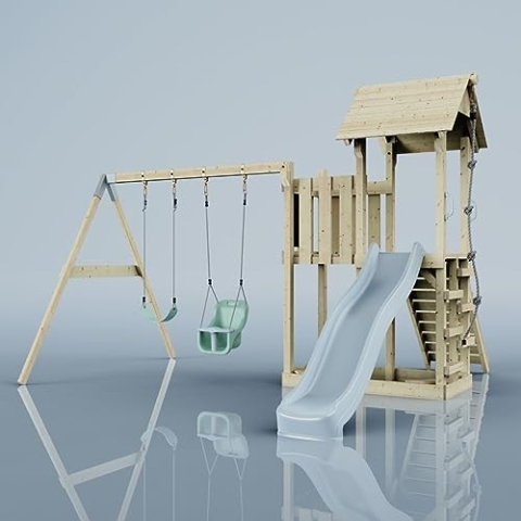 Rebo Spielturm mit Wellenrutsche, Kinder-Schaukel und Baby-Schaukel | Outdoor Klettergerüst Garten mit Plattform | Kletterseil und Kletterleiter | Stabile Konstruktion