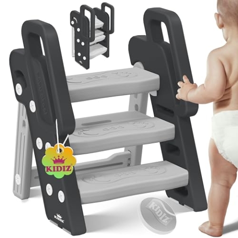 KIDIZ® Tritthocker für Kinder Trittleiter Klappbar mit 3 Stufen | Faltbarer Lern-Turm ab 18 Monaten bis 6 Jahren | Robust | Sicherer & Stabiler Trittschemel | Höhenverstellbar Rutschfest Grau