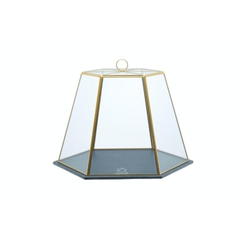 Artesà Geometrische Tortenglocke aus Glas, Käseglocke mit Deckel, Servierbrett aus Schiefer, 31 x 27,5 x 25cm, Messing-Effekt