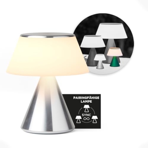 Lexon LED Schreibtischlampe LUMA M, kabellose Tischleuchte mit Touchdimmer und Synchronisation Multi-Lampen, 9 Lichtfarben für Büro, Schlafzimmer und Nachttisch - Aluminium poliert