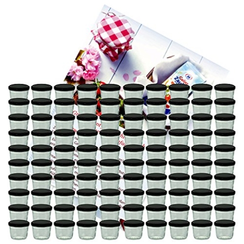 MamboCat 100er Set Sturzglas 230 ml Marmeladenglas Einmachglas Einweckglas To 82 schwarzer Deckel incl. Diamant-Zucker Gelierzauber Rezeptheft