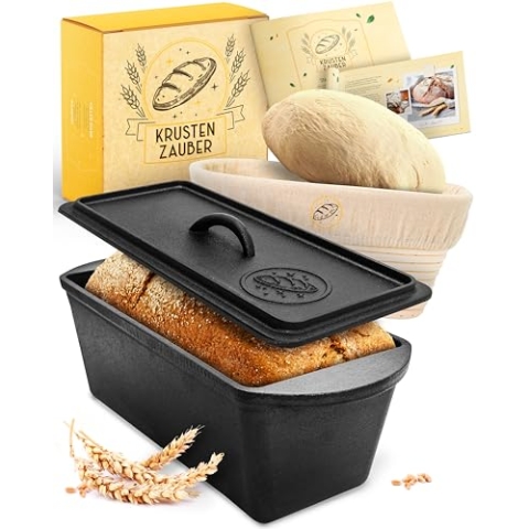 KRUSTENZAUBER Brotbackform mit Deckel inkl. Gärkorb - Robuste 28cm Backform aus Gusseisen - Ideal als Kastenform, Toastbrot Backform, Brotform, Gusseisen Topf Brot backen Zubehör, Brottopf