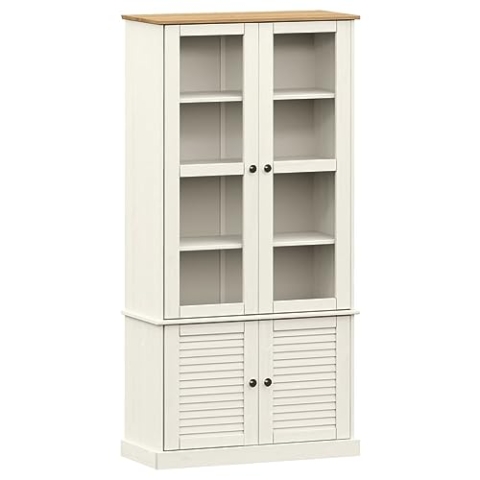 vidaXL Vitrine, Glasvitrine mit Einlegeböden viel Stauraum, Schrank mit Glastüren, Küchenschrank Hochschrank Highboard, Weiß Massivholz Kiefer