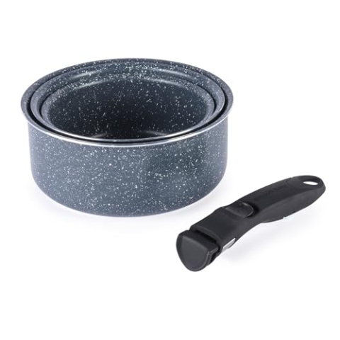Russell Hobbs RH03294EU7 Smart Clip Topfset - 3 antihaftbeschichtete Töpfe mit abnehmbarem Griff, Induktionsgeeignet, Ofenfest, Platzsparend stapelbar, 16/18/20cm, Nachtstein.