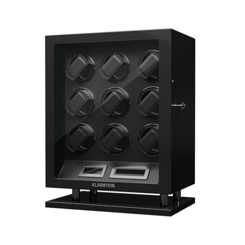 Klarstein Uhrenbeweger für 9 Automatikuhren, mit Acryl-Tür und Schloss, weiße LEDs, 5 TPD Einstellungen, automatischer Watch Winder