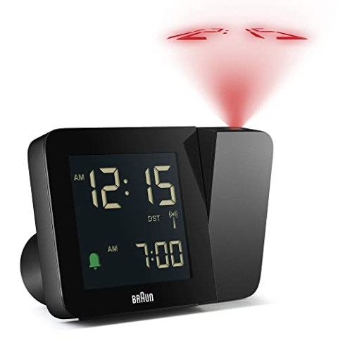 Braun Digitaler Funk-Projektionswecker für die mitteleuropäische Zeitzone (DCF) mit negativem LCD-Display, Schnelleinstellung und Alarm-Piepton in Schwarz, BC15B-DCF.