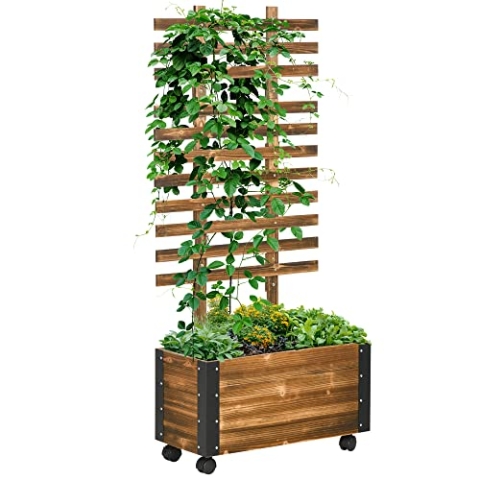 Outsunny Hochbeet Pflanzkasten mit Rankgitter, Spalier Pflanzkübel Blumenkasten Holz, Gemüsebeet mit Rollen, Rankhilfe, Gartenspalier 65x31x147cm für Garten, für Kletterpflanzen, Blumen, Verkohlt