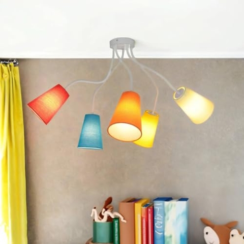 Licht-Erlebnisse Kinder Deckenlampe bunt Stoffschirme flexibel verstellbar in Orange Gelb Grün rot blau 5x E27 Kinderzimmer Lampe Decke Wohnzimmer Deckenlampe Kinderzimmer Innen