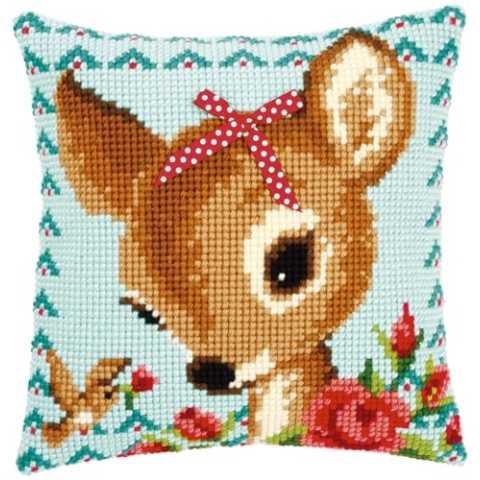 VERVACO Kreuzstich Stickpackungen Kissen Stickerei Set Anfänger Vorgedruckt Bambi mit Schleife DIY Set Kreativ Set Für Erwachseneca. 40 x 40 cm Bastelset Handwerker Haus Dekoration