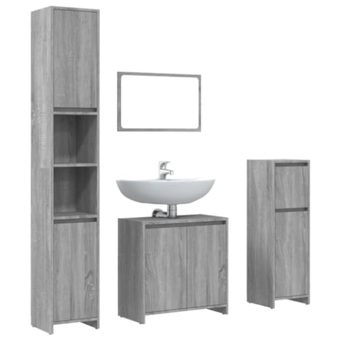 vidaXL 4-TLG. Badmöbel-Set Grau Sonoma Holzwerkstoff, Badezimmermöbel, Badmöbel Set, Badschrank, Badmöbel, Badezimmer Möbel, Badschrank Set