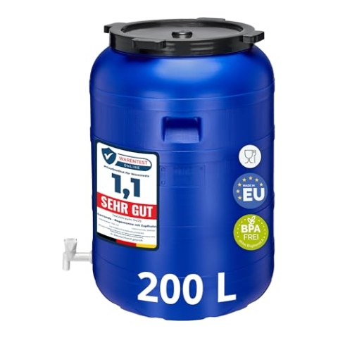 Garronda 200 Liter Weithalsfass BPA-frei Futtertonne Fass mit Hahn Universalfass Lebensmittel Fass Regenfass für Garten Regentonne mit Deckel Regenwassertonne für Garten Wassertonne GD-0092, Blau