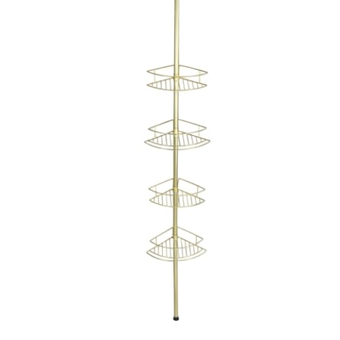 WENKO Teleskop-Eckregal Dolcedo Gold, klemmbares Badregal mit 4 Ablagen für Shampoo, Duschgel & Co., platzsparendes höhenverstellbares Duschregal aus rostfreiem Edelstahl, 31 x 65-275 x 23 cm