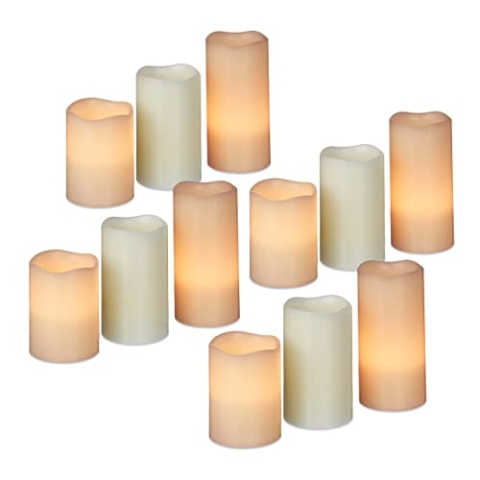 Relaxdays 12er Set LED Kerzen, Echtwachs, elektrische Kerzen, flammenlos, flackernd, Batteriebetrieben, 7 cm Durchmesser, Creme