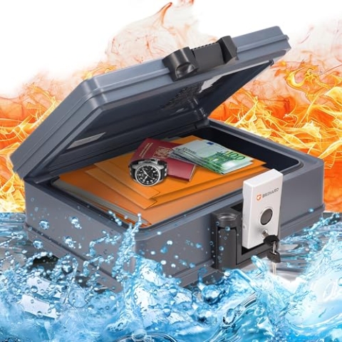 BRIHARD - Zertifizierte Feuerfeste Dokumentenbox 2017 A4, Safe Tresor Feuerfest Wasserdicht mit Schlüssel, Feuerfeste Box für Geld & Dokumente, Tragbarer Safe Box mit Griff H 15,5 x B 40,7 x T 32,1 cm