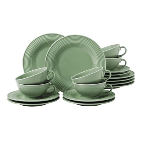 Seltmann Weiden Beat Color Glaze Teeservice 18-teilig | Brotteller (17 cm), Teetassen (140 ml) und Teeuntertassen (14 cm) für 6 Personen | Geschirr mit Rillenrelief | Porzellan | Salbeigrün