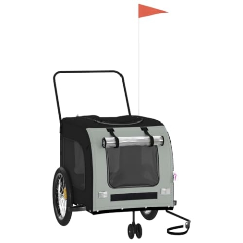 vidaXL Fahrradanhänger für Hunde, Hundeanhänger mit Reflektoren Flagge, Hundetransporter Maximale Belastbarkeit 45 kg, Haustier Transportwagen, Schwarz Grau Oxford-Gewebe Eisen