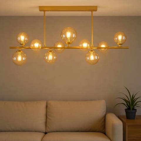 Licht-Erlebnisse Deckenlampe Rauchglas Metall 87 cm lang H: 44 cm in Creme Gold 10x G9 Retro Deckenlampe Wohnzimmer Esszimmer