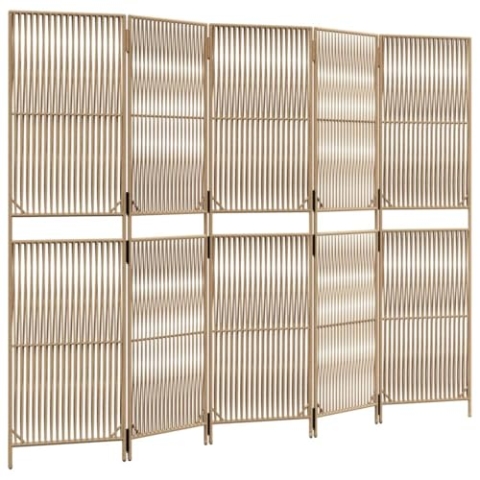 vidaXL Paravent 5-TLG., Raumteiler Linien-Webdesign Faltdesign, Trennwand Sichtschutz für Innen Außen, Spanische Wand Raumtrenner, Beige Poly Rattan