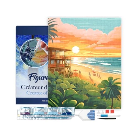 Figured'Art Diamond Painting Erwachsene 40x50cm Mit Rahmen Ganze Leinwand gespannt Strandclub bei Sonnenuntergang 5D Bilder Eckige Steine - DIY Set Basteln
